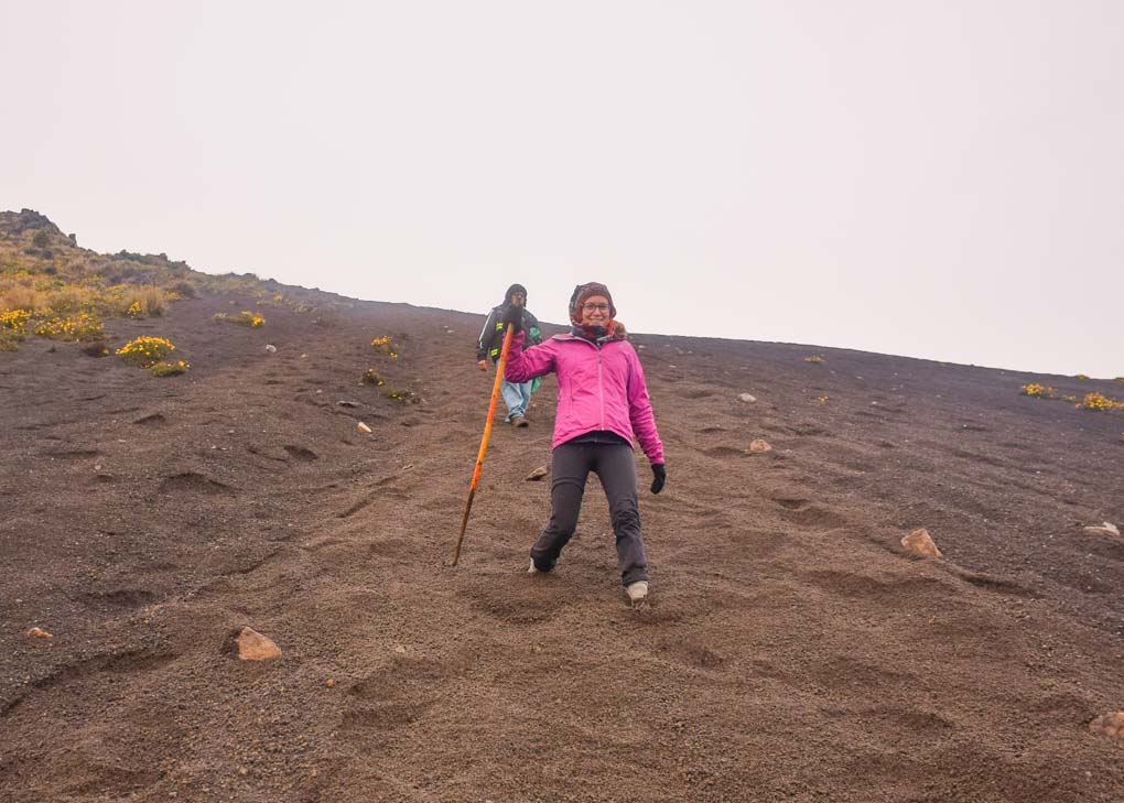 hiking down Acatenango Volcano