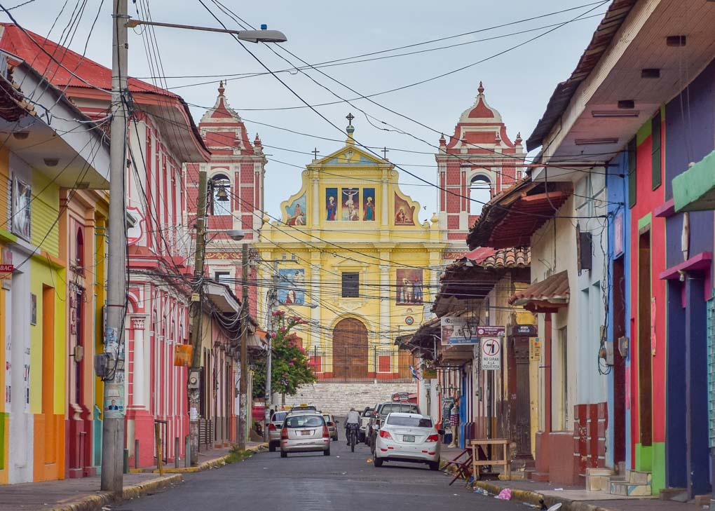 view of the streets and cathedral in Leon, Nicaragua