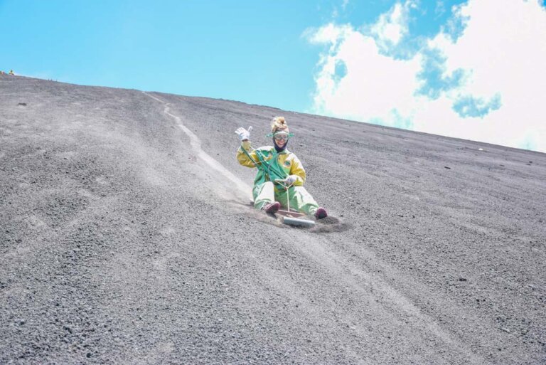 Bailey volcano boarding on Cerro Negro near Leon, Nicaragua