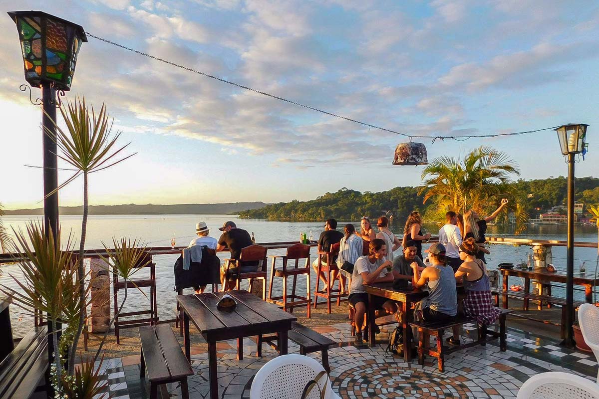 The sky bar in Flores, Guatemala at sunset