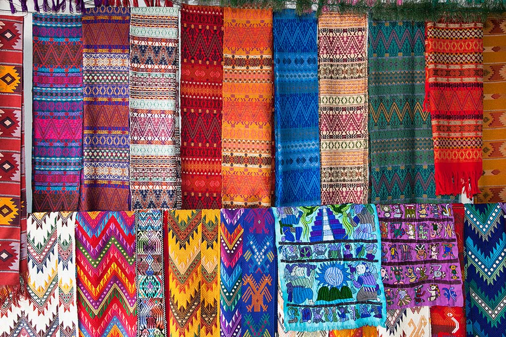 Traditional colorful fabric at the street market in Flores, Guatemala