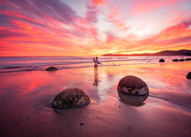 epic sunrise at Moeraki Boulders, New Zealand