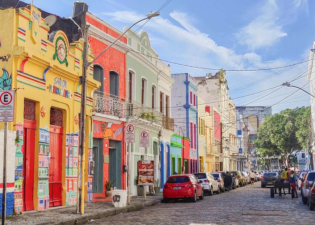 the colorful houses and cobblestone streets in Olinda, Brazil