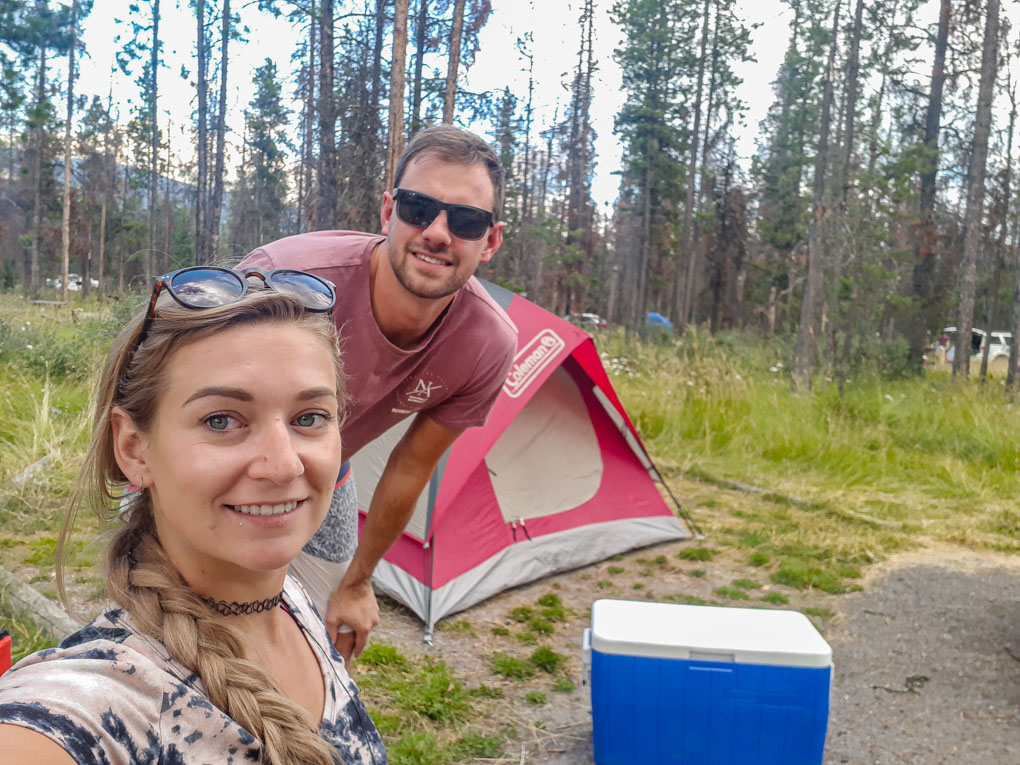 Bailey and Daniel take a selfie at their campsite in Jasper National Park after driving the Icefields parkway!