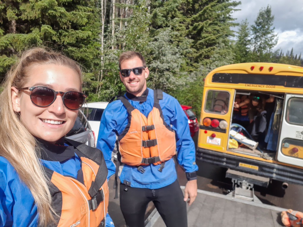 Bailey and Daniel take a selfie after white water rafting in Jasper, Canada