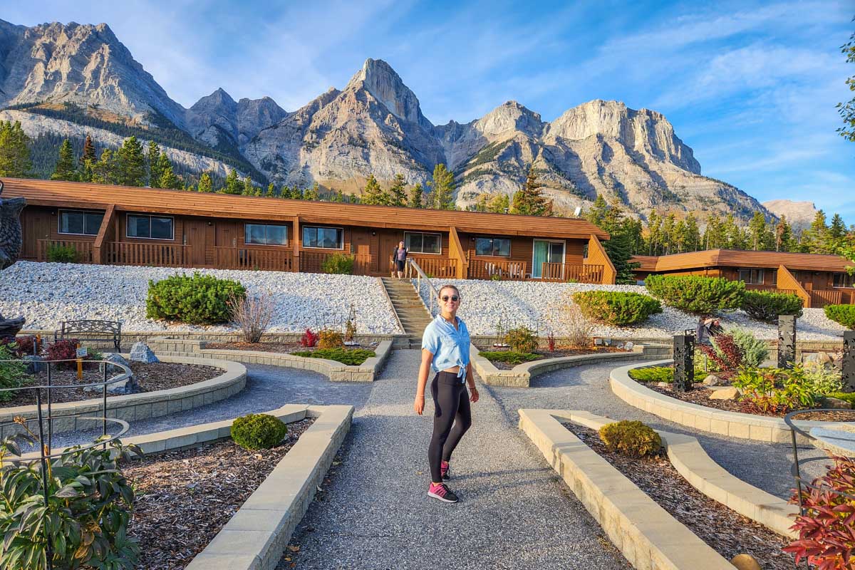Bailey in front of the Crossing Resort on Icefields Parkway