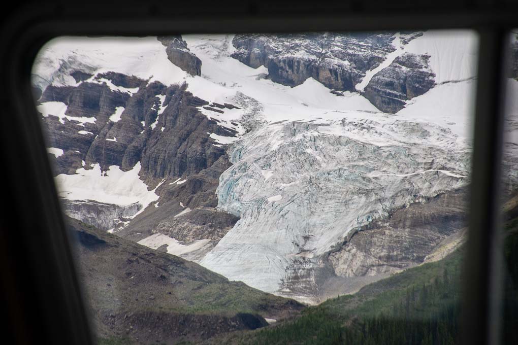 A glacier through the window of our boat on Maligne Lake