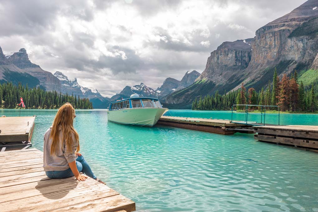 The view of the mountains from the dock on Spirit Island on Maligne Lake in Jasper