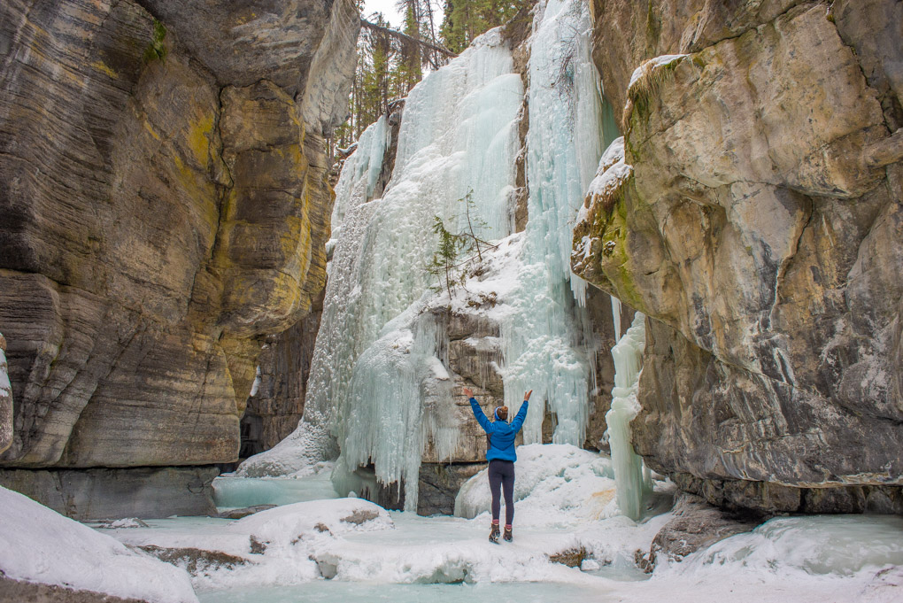 A lady on the Maligne Canyon Icewalk in Jasper