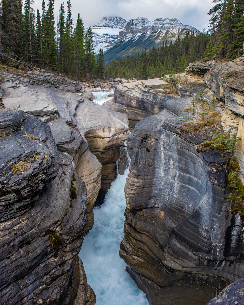 Mistaya Canyon on the Icefields Parkway in summer