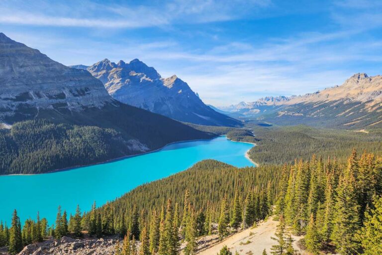 View from the Peyto Lake Viewpoint of Peyto Lake and the Icefields Parkway in Alberta, Canada
