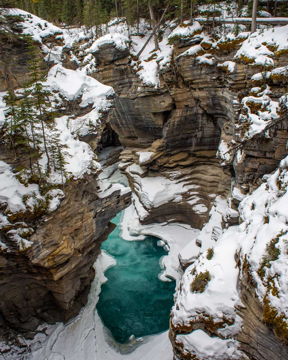 Blue and green water below Athabasca Falls in Jasper National Park