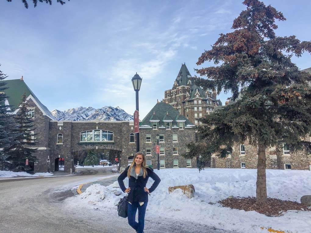 Posing in the front of the Faimont banff springs hotel
