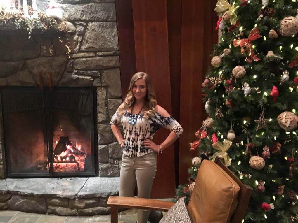 picture with a christmas tree at a hotel in Banff