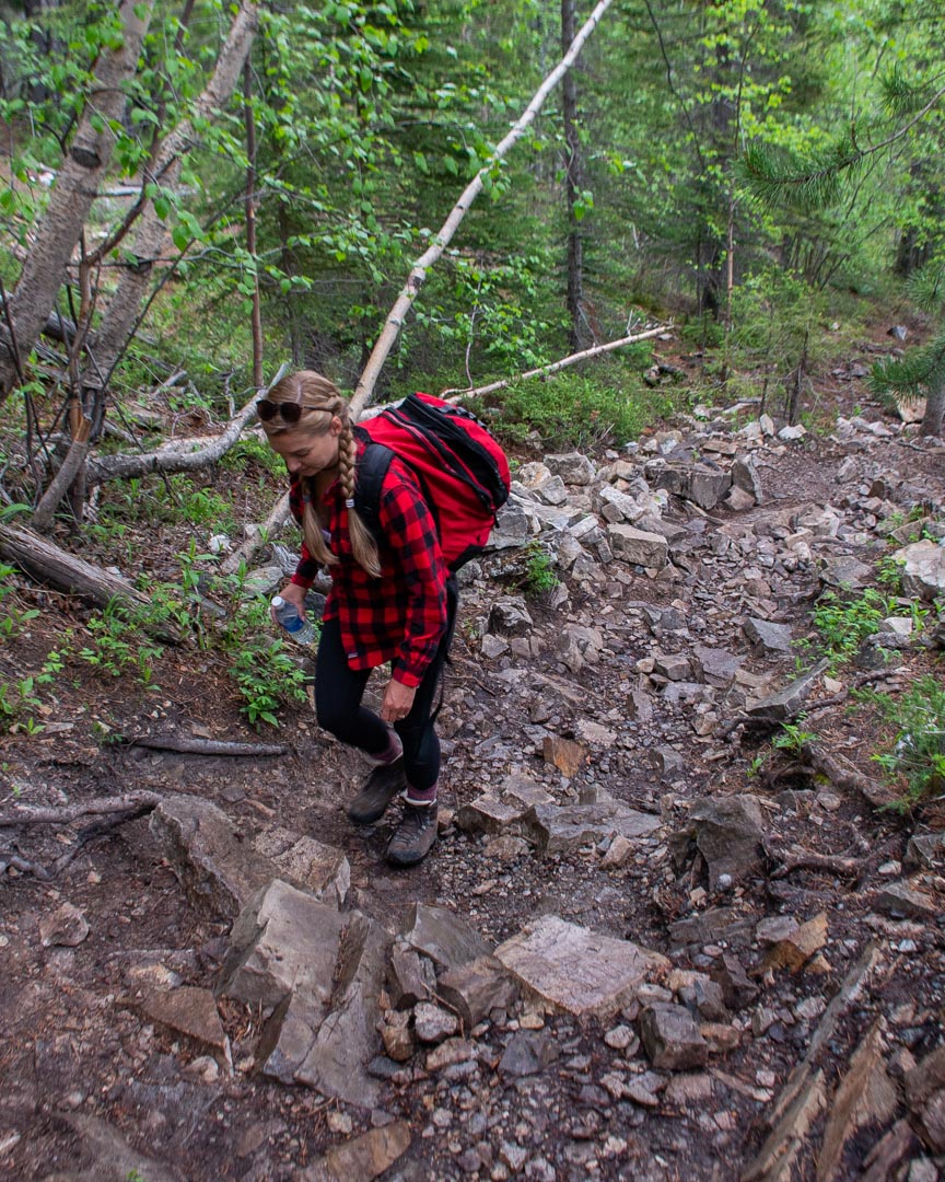 Bailey hikes up the hard trail to Grassi Lakes, Canmore
