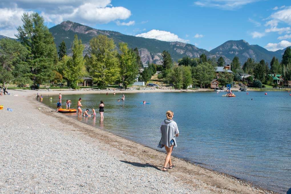 Bailey walks the shore at Kinsman Beach, Invermere