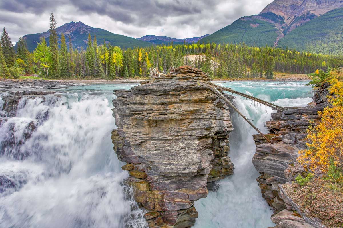The rock in the middle of Athabasca Falls, Jasper