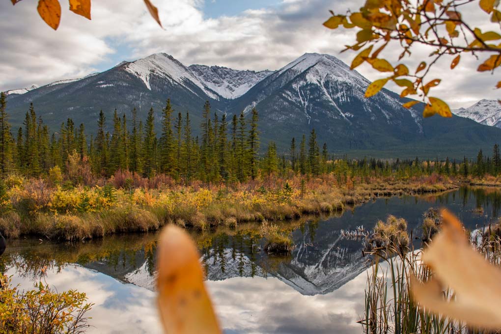 Reflections at Vermilion Lakes during fall in Banff