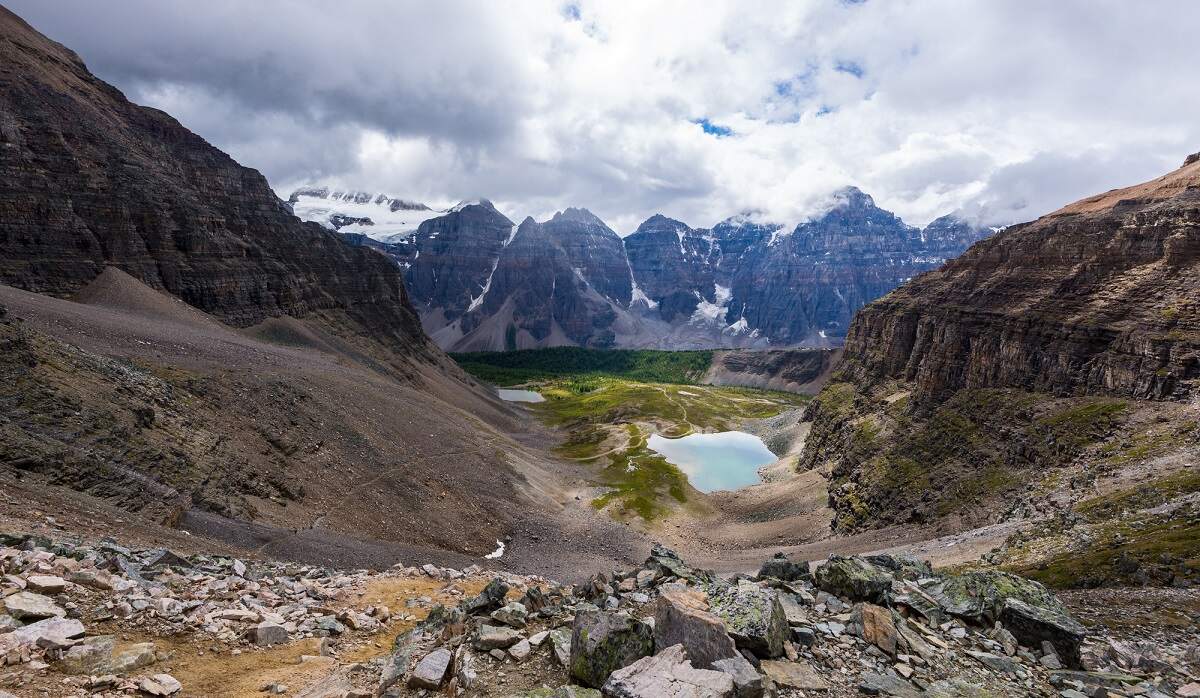 view looking down from Sentinel Pass in Banff National Park