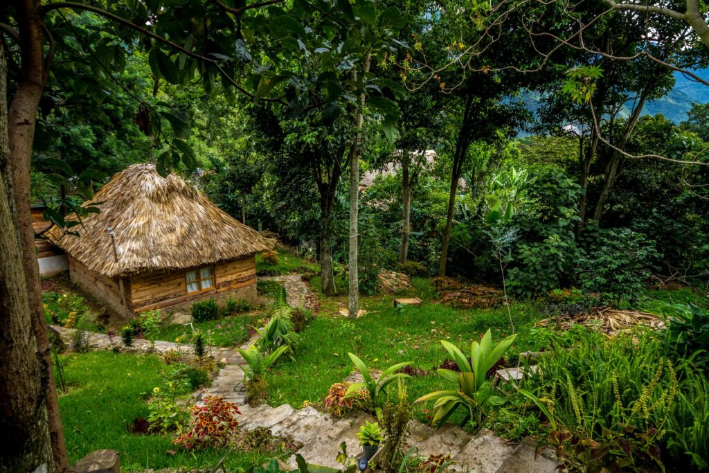 the grounds and a cabin at eco-hotel mayachik' on Lake Atitlan