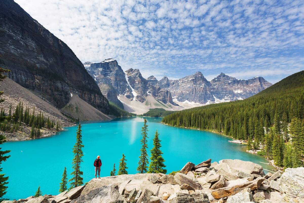 blue moraine lake in Banff National Park as seen from the Rockpile