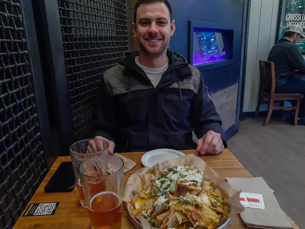 Nachoes and beer at Grizzly Paw Brewing in Canmore