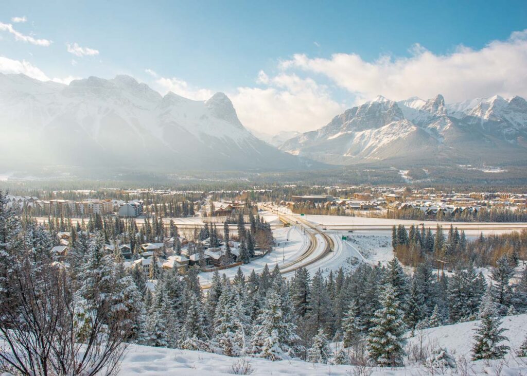 view of Canmore in winter from the Hoodoos