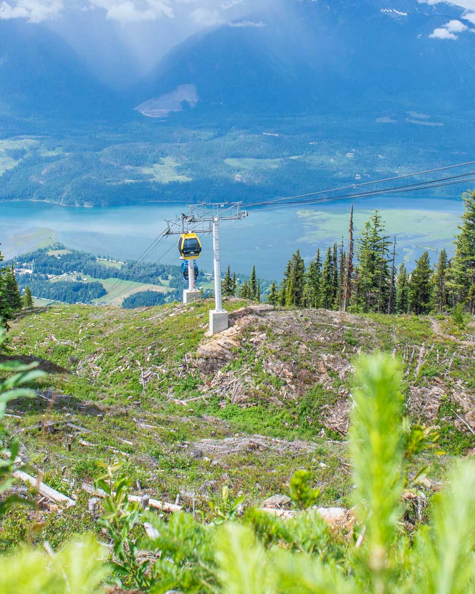 The Revelstoke sightseeing gondola travels up the mountain during summer in Revelstoke, BC