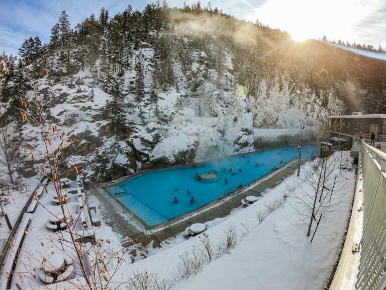 The Radium Hot Springs as seen from the entrance looking down into the pools