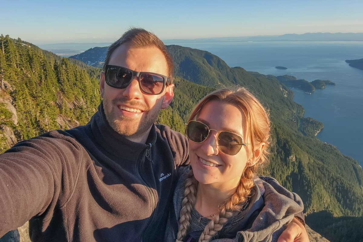 Bailey and Daniel take a selfie at the top of St Marks summit in Vancouver, Canada