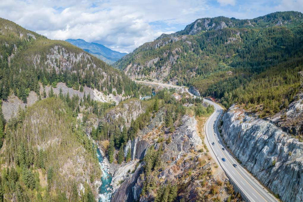 The Sea to Sky Highway as seen from a drone