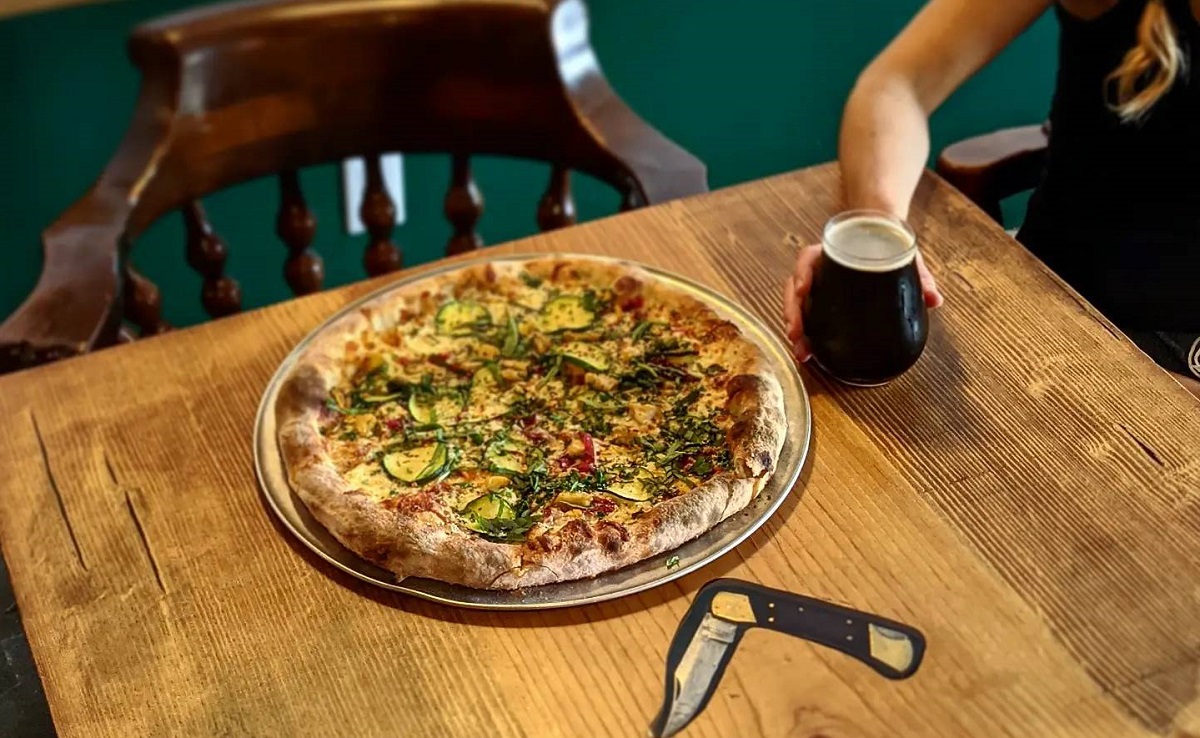 pizza and a beer at Jackknife Brewing in Kelowna