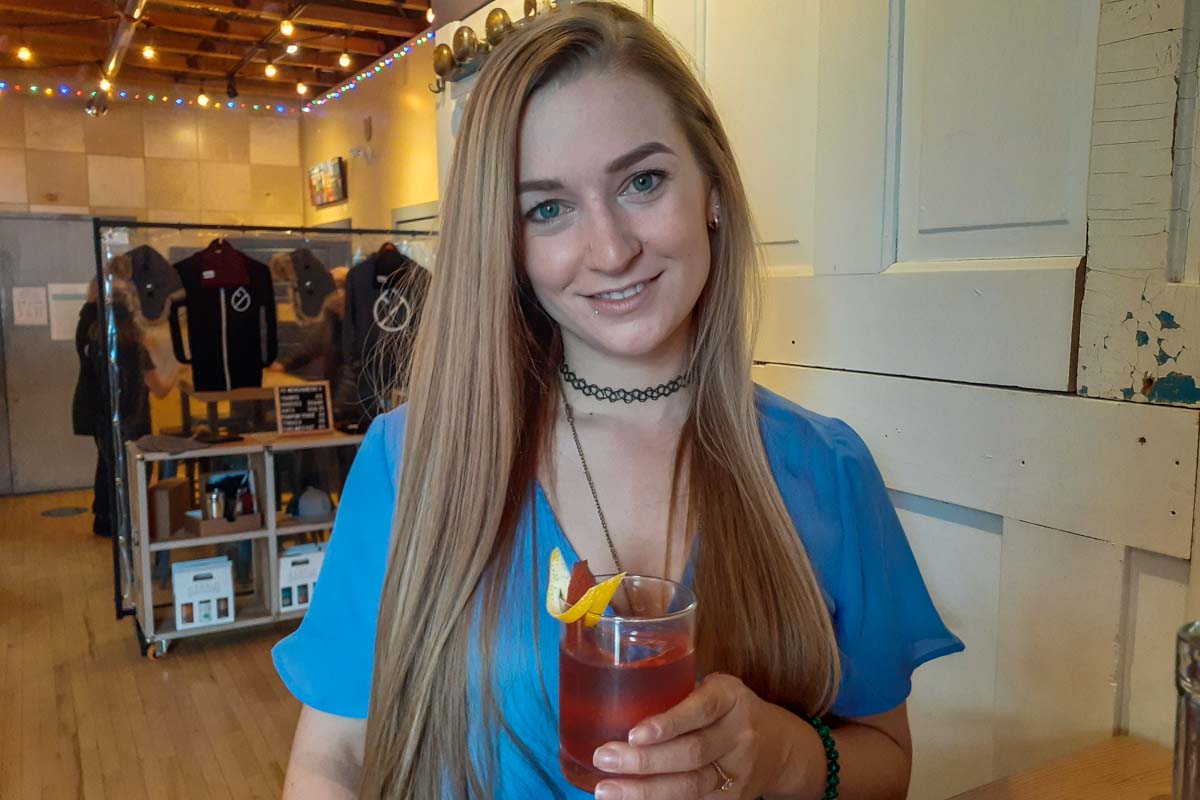 Drinking a cocktail at Fernie Distillery