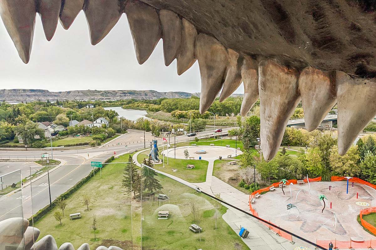 View from the mouth of Tyra the T-rex in Drumheller and worlds largest dinosaur statue