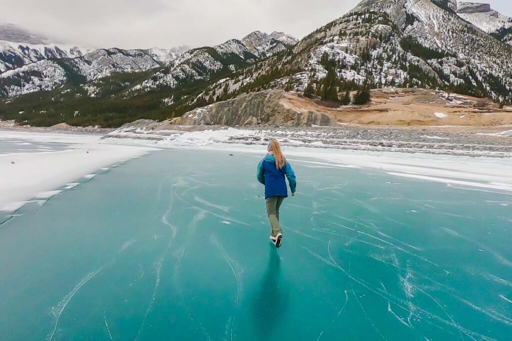 Ice skating on a frozen lake in Canada