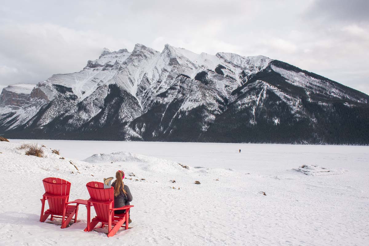 Sitting back at relaxing at Lake Minnewanka in winter