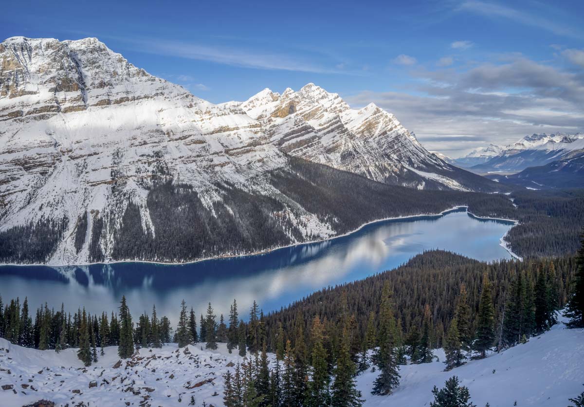 Peyto Lake in winter on the Icefields Parkway