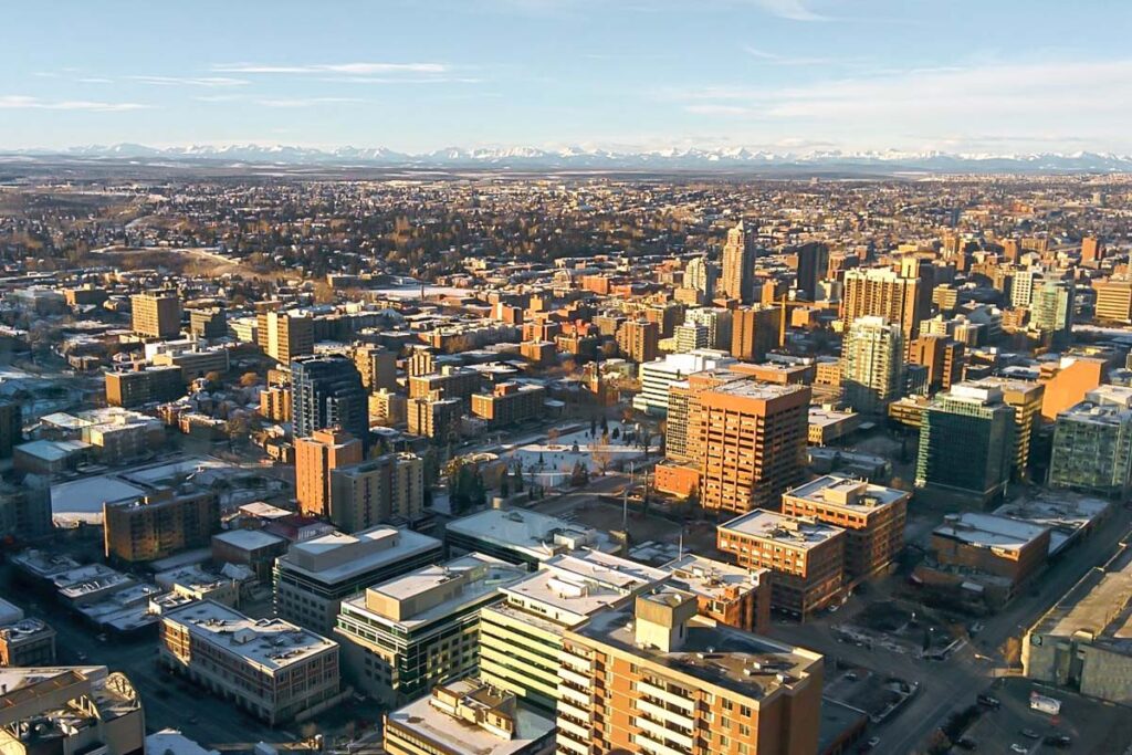 Views of the city and Rocky Mountains from Calgary Tower