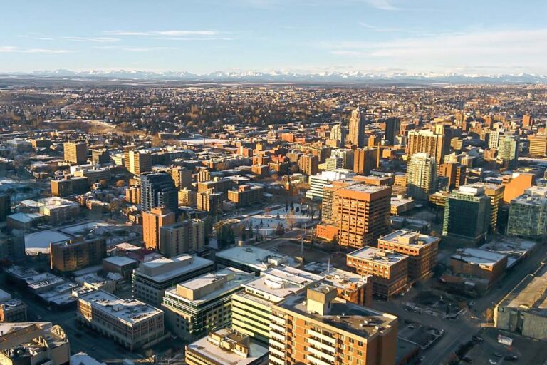 Views of the city and Rocky Mountains from Calgary Tower