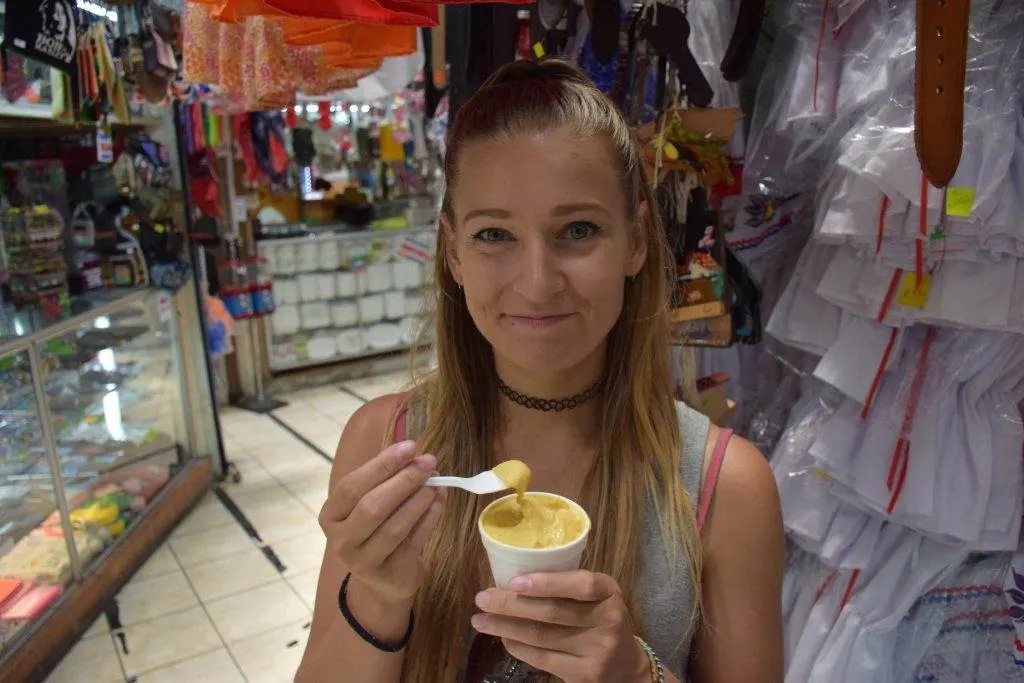 Bailey eating ice cream at the market in San Jose, Costa Rica