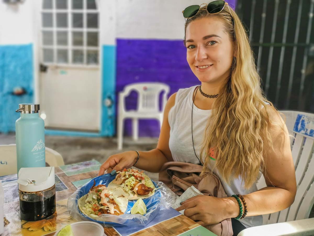Enjoying a fish taco at Mariscos Cisneros