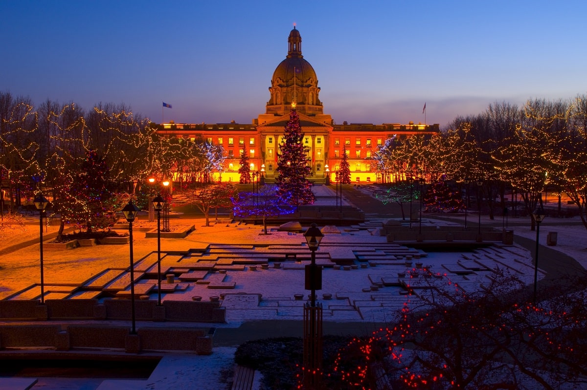 The outside of the Alberta Legislature lit up with Christmas lights in Edmonton in the winter months