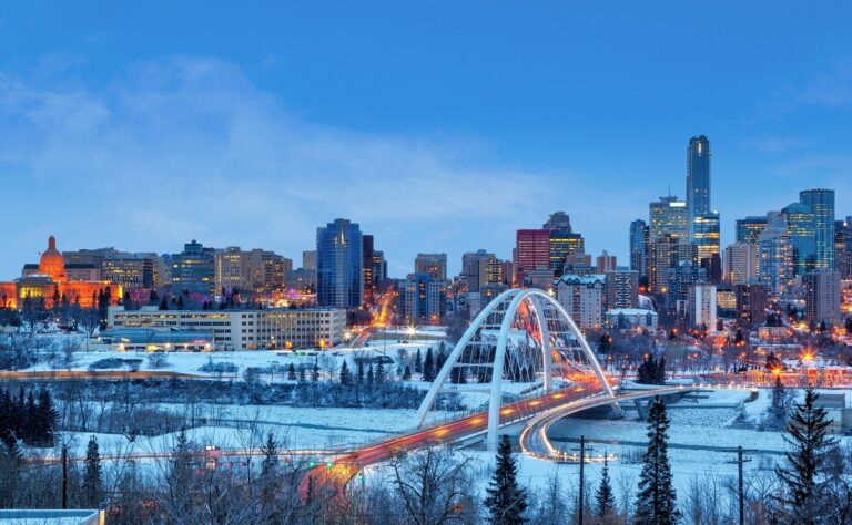 skyline of Edmonton and the Walterdale Bridge in winter in Edmonton