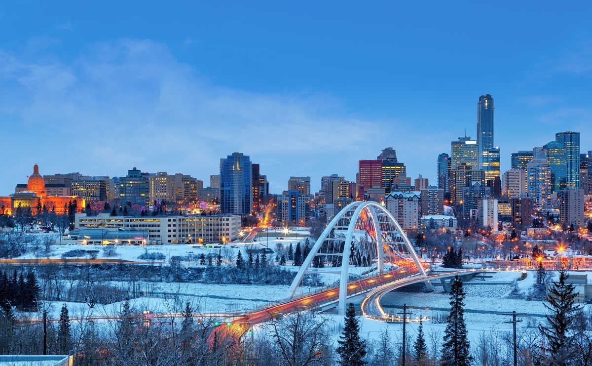 skyline of Edmonton and the Walterdale Bridge in winter in Edmonton