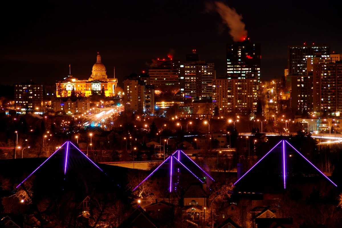 night skyline of edmonton in winter