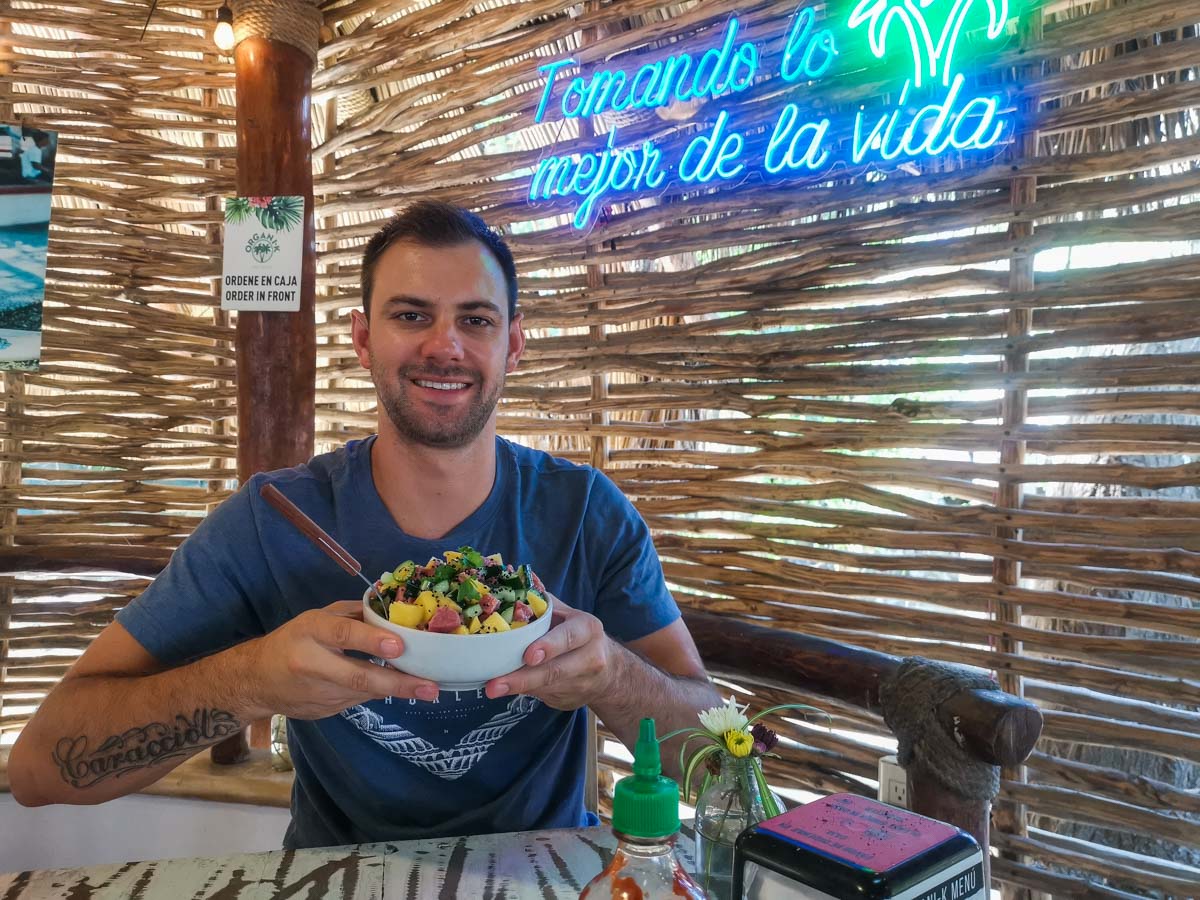 Eating a poke bowl at Organi-K