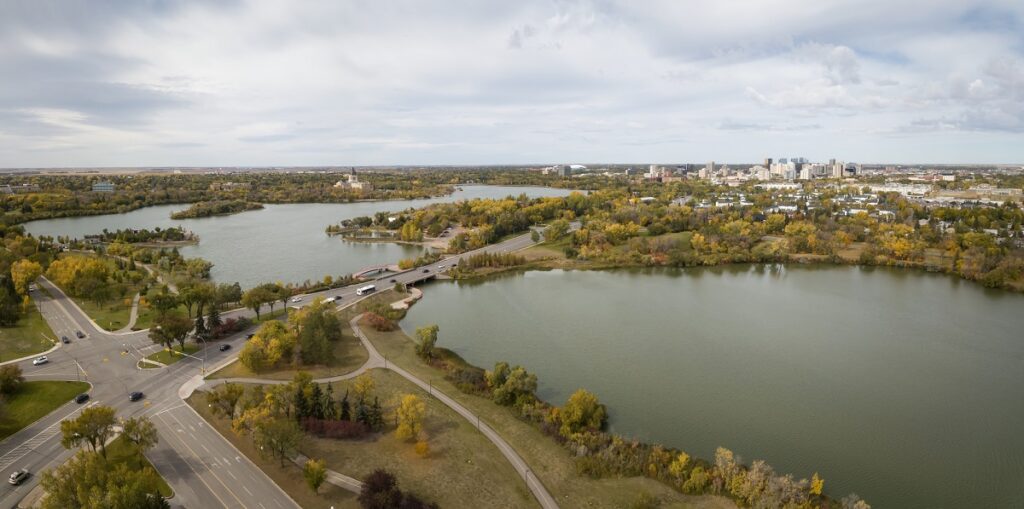 Aerial view of Wascana Lake with Regina, Saskatchewan in thebackground