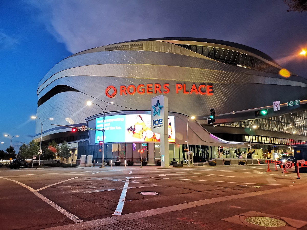 the outside of Rogers Place stadium in Edmonton, Alberta