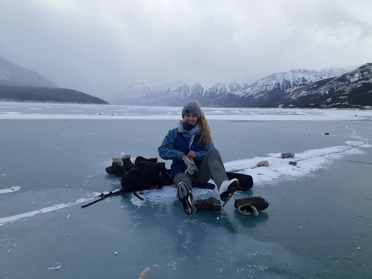Bailey skating on Abraham Lake not far from Edmonton