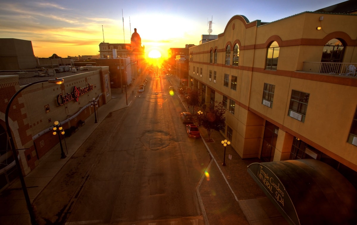 sunset on the street in downtwon Moose Jaw
